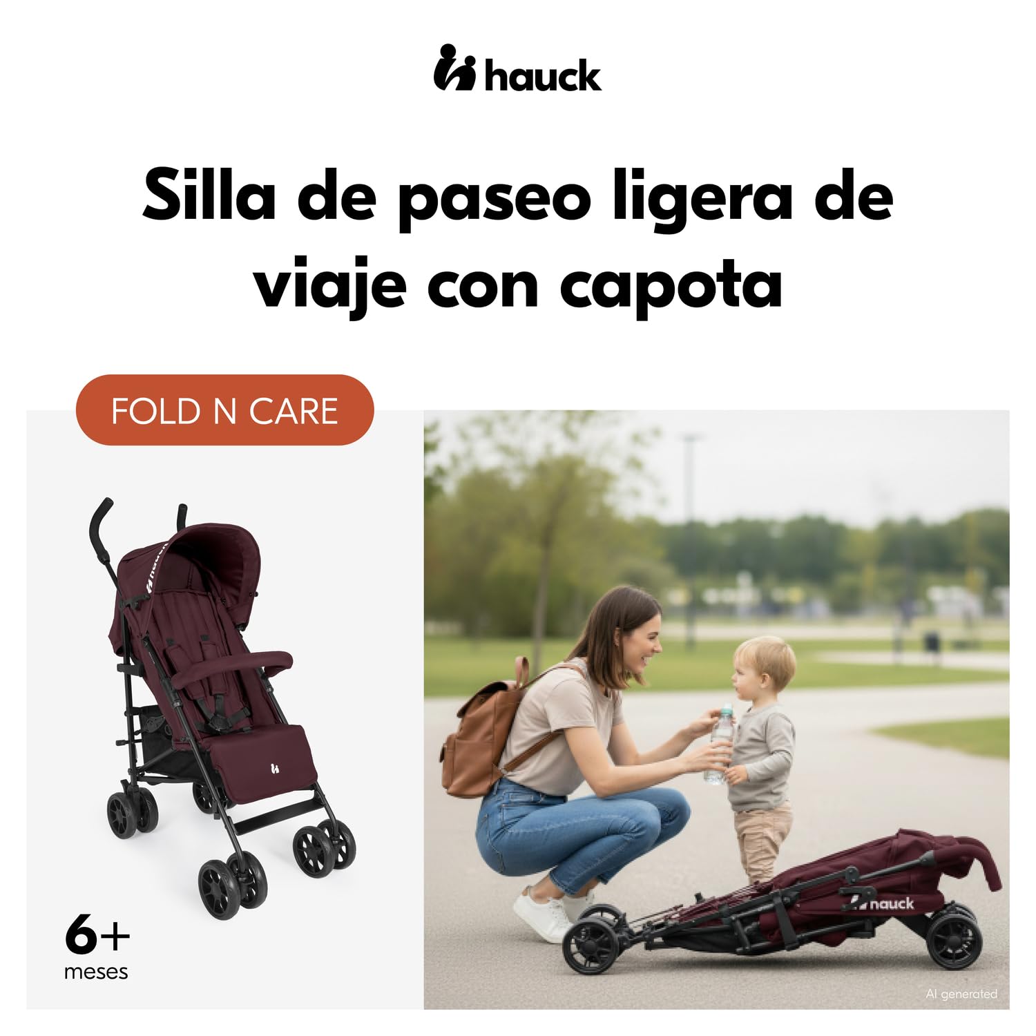 hauck Fold N Care Carrito Bebe Ultraligero - Silla de Paseo para Niños desde 6 Meses hasta 22 kg - 7,6 kg Compacta - Reclinable - Protección Solar UV 50+ - Cesta XL - Blackberry