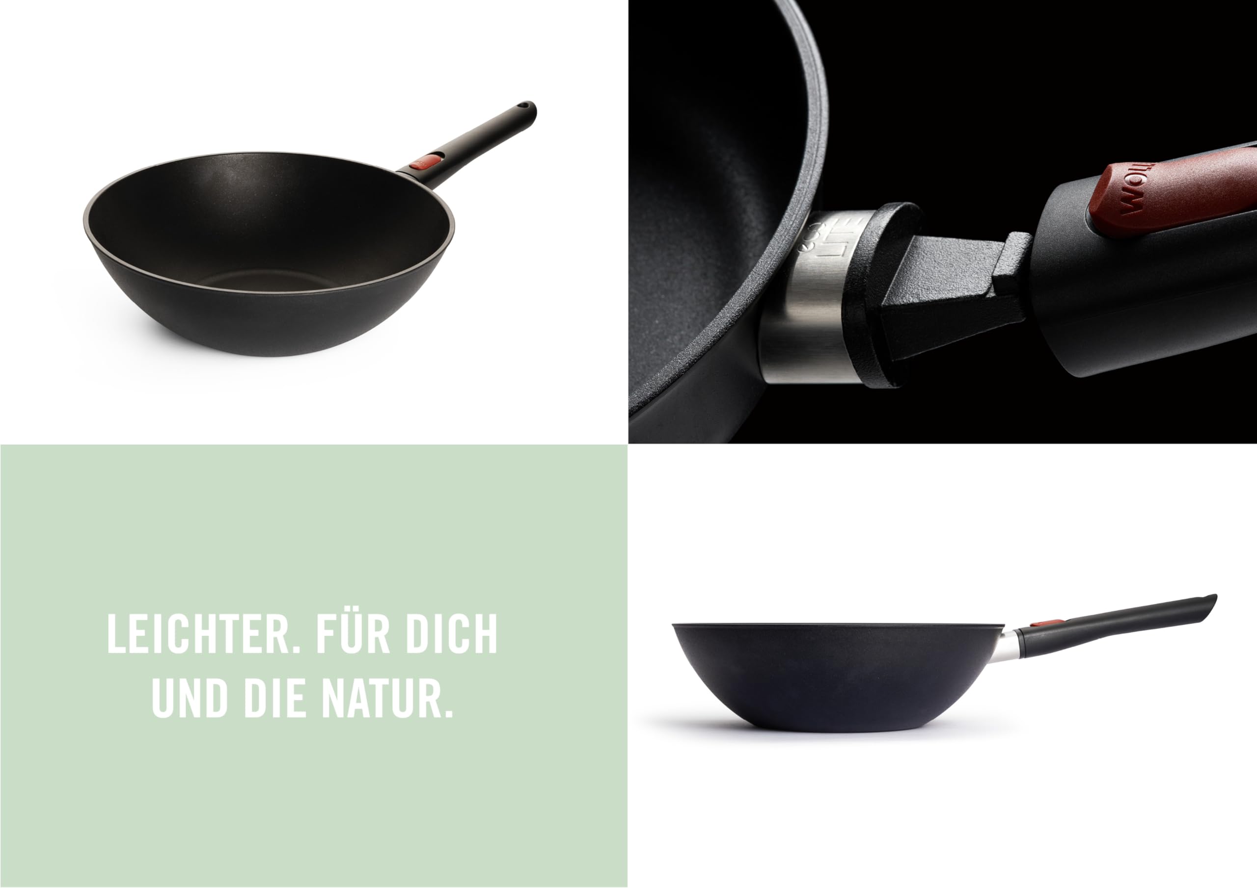 Woll Eco Lite QXR Wok- und Rührpfanne - Induktiv - Ø 30 cm, 10 cm hoch, mit abnehmbarem Stiel - Geeignet für alle Herdarten, PFAS-frei,100% recyceltes Aluminium, backofenfest, schwarz