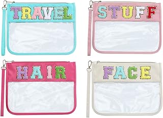 Chenille Letter Bag 4 Pack Clear Bag Monogram Travel Beach Snack for Cosmetic Toiletry Stuff Varsity Bag Nylon Cosmetic Bag with Zipper Travel Makeup Bag Patch Purse Preppy Accessories for Women Girls
