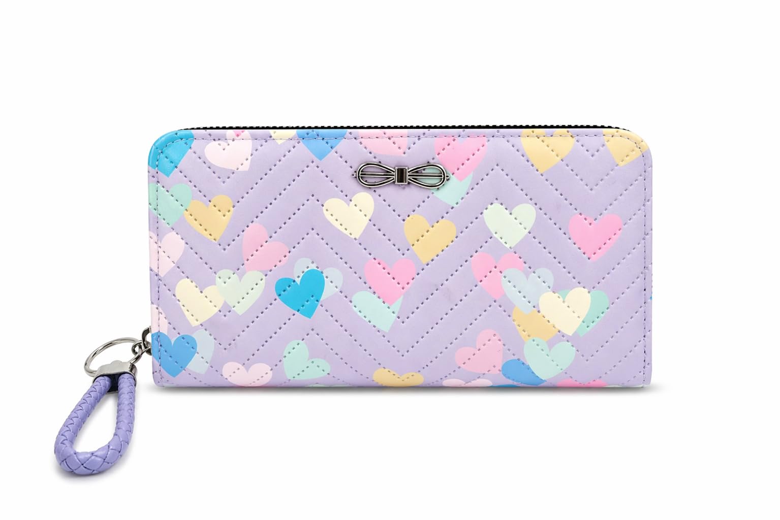 Girls Wallet, Quilted Chevron Pattern with Pastel Heart Print, Zip Around Clutch with Bow Detail and Wrist Strap-image-33
