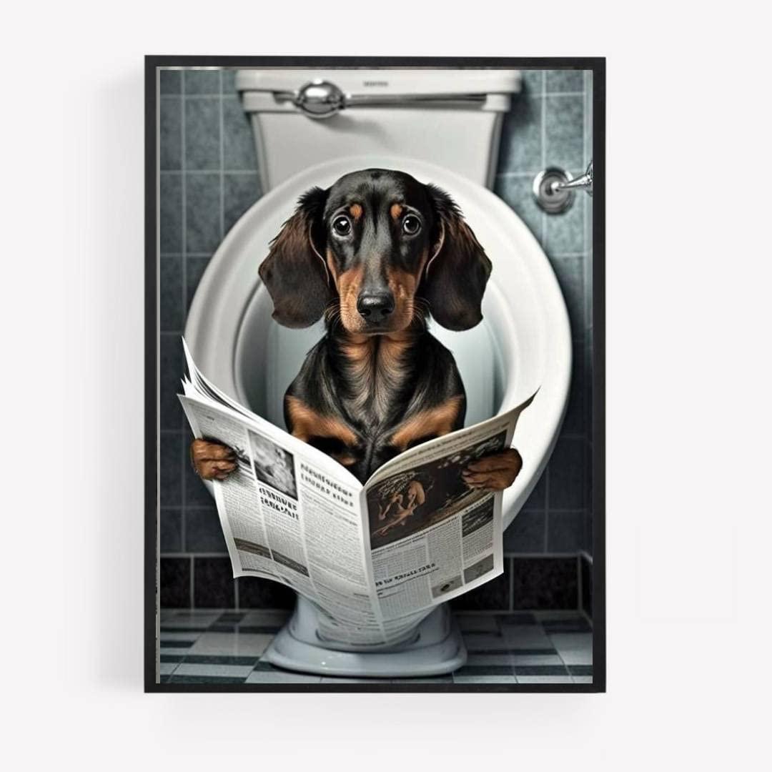 Gfc Black White Funny Bathroom Toilet Animal Print Picture Poster Sausage Dog Dachshund On A Toilet Reading Newspaper A4 Unframed Wall Art Home Decor Decorating