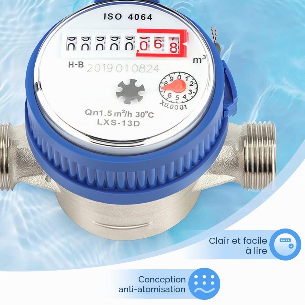 Estink Compteur d'Eau Mécanique pour Maison et Jardin, 1.5m3/h, 15mm, 1/2 Pouce, Température 0-40°C