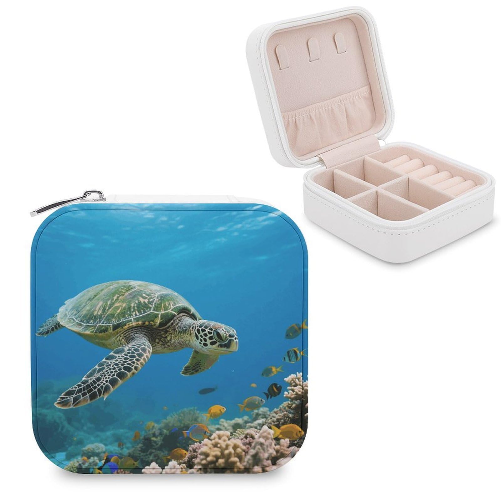 VstaDank Green Sea Turtle Jewelry Organizer Travel Case for Women With Zipper Mini Jewelry Case PU Leather Jewelrys Box for Rings Necklaces Bracelets Earring Holder Organizer Storage