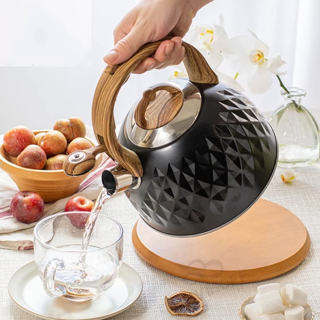 Bouilloire 3L Acier Inoxydable Avec Poignée Bois Cool Touch Et Sifflet - Noire Pour Maison Et Camping