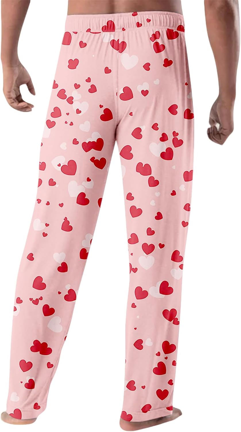 Men's Valentine's Heart Print Pajama Pants Lounge Sleep Bottoms Drawstring and Pockets PJ Pants