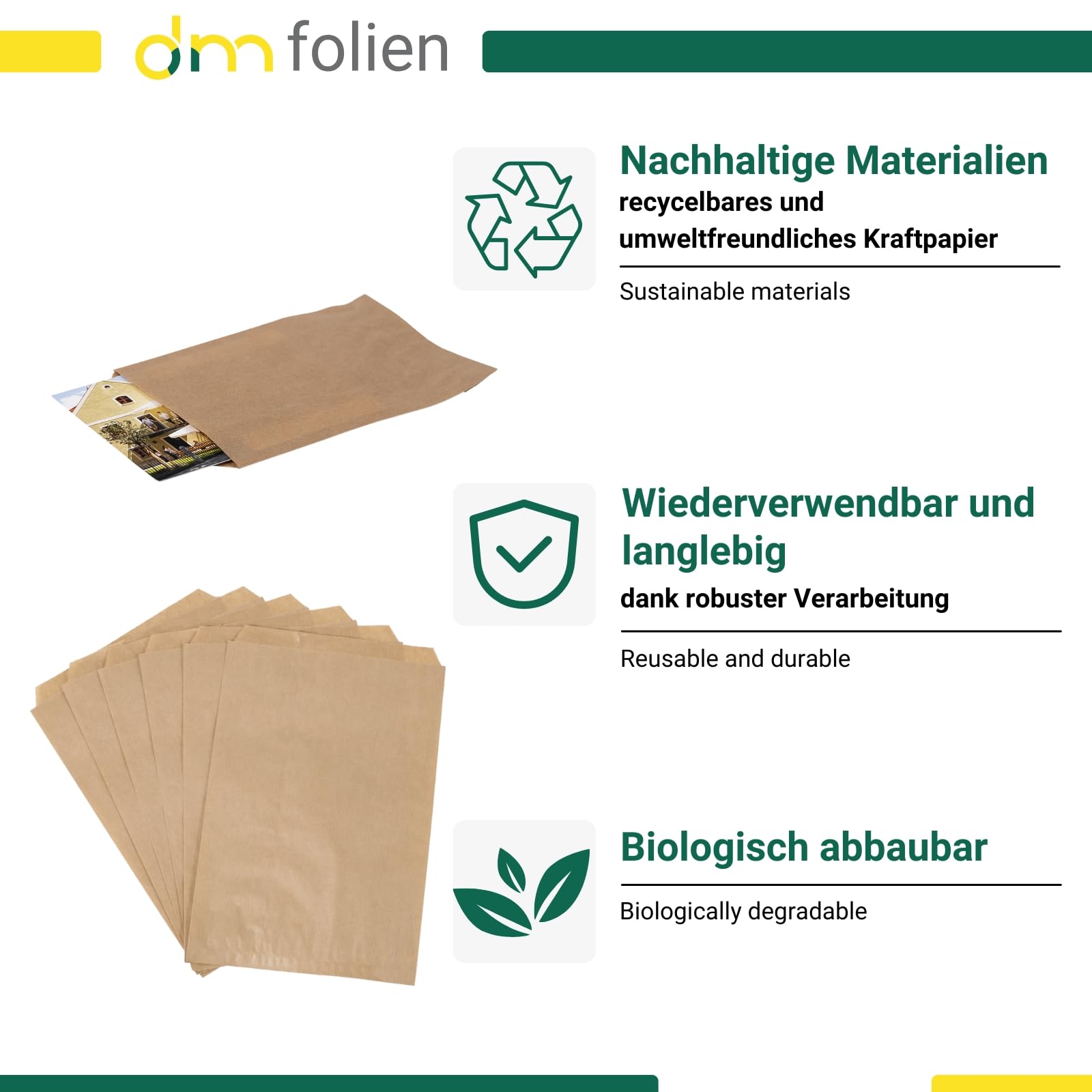 dm-folien Papiertüten I 2000 Stück I 160 x 230 + 20 mm I viele Größen I Tüten aus 40 g/m² Kraftpapier I Lebensmittelechte Brottüten I Recyclebare Kraftpapiertüten für Geschenke & Lebensmittel