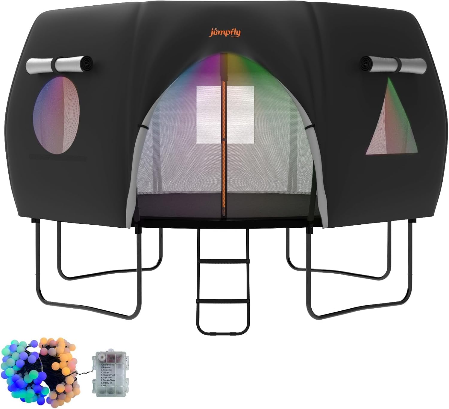 jumpfly トランポリン ラウンドテント (テントのみ) 12フィートのフレームに適合 カーブしたポール8本 LEDライト付き