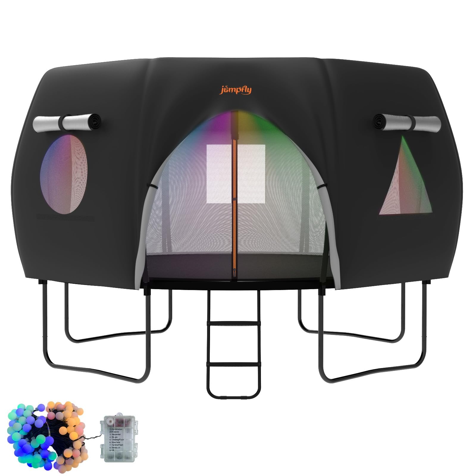 Photo 1 of jumpfly Trampoline Round Tent(Tent ONLY) Fits 12FT Frame 8 Curved Poles with LED Lights Trampoline Accessories - Wear-Resistant - Black