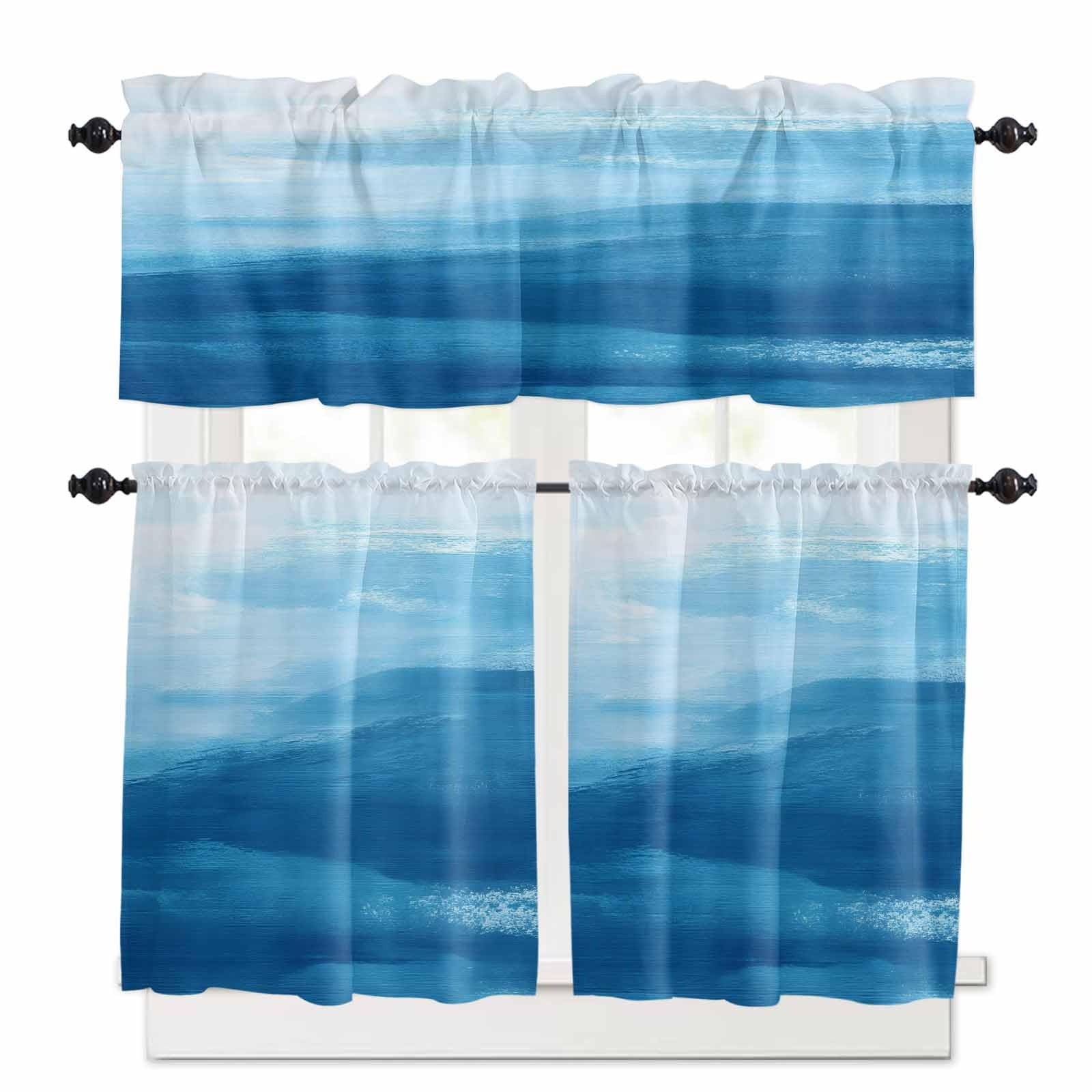 Coastal Sky Blue Kitchen Curtains 36 Inch Length, 3 Piece Rod Pocket Small Half Tiers and Valance Set, Summer Nautical Ocean Wave Small Large Window Treatment Decor for Bedroom/Bathroom Sink