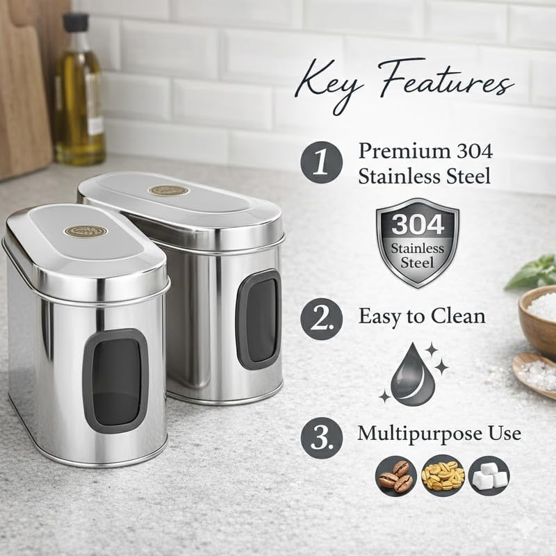 Image of Stainless Steel Capsule Food Canisters /Jars /Containers for Kitchen Storage with See Through Window - set of 3, 1350 ml capacity, 9 cm Diameter, Silver