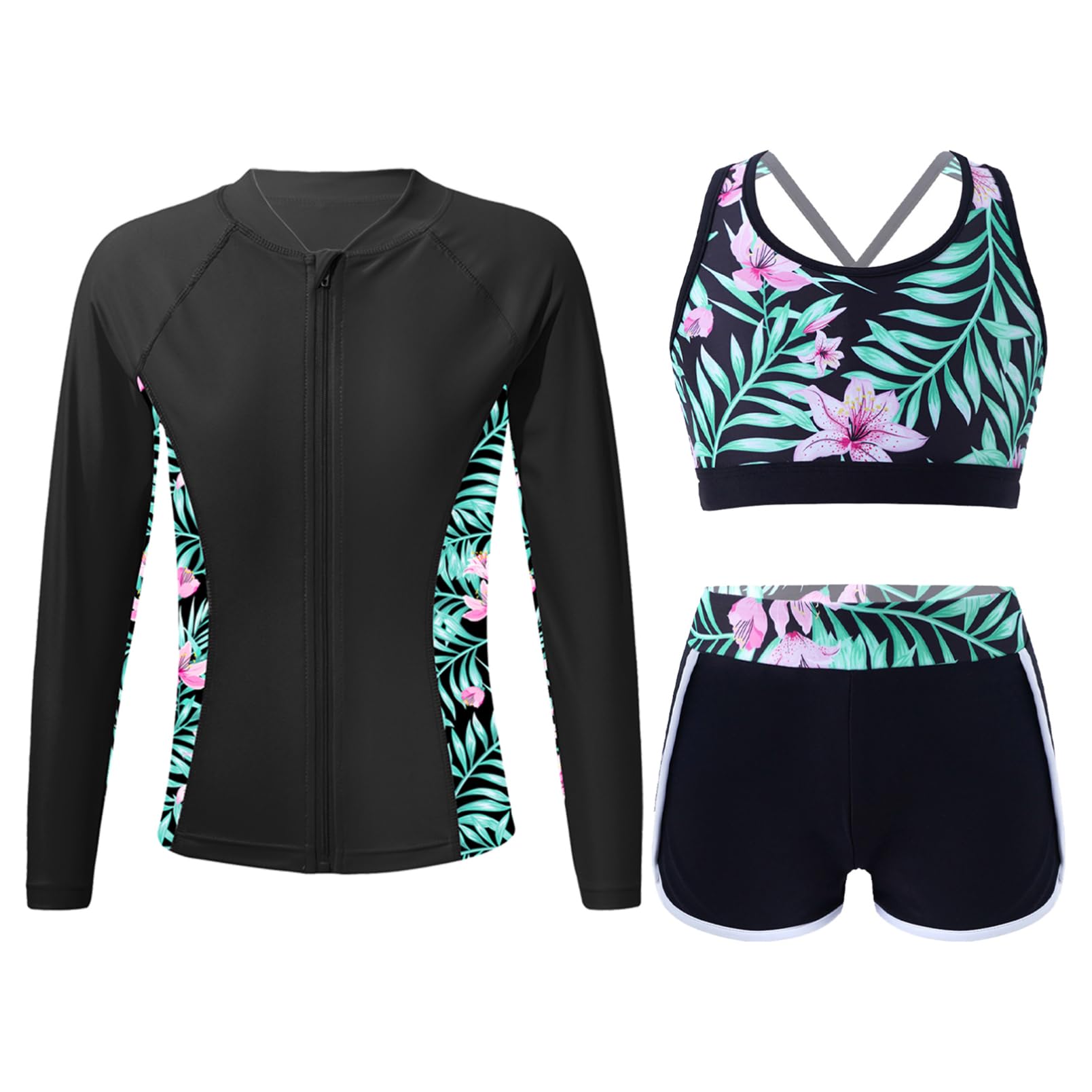 Maillot De Bain 3 Pièces Anti-UV Fille DPois - T-shirt Manches Longues, Débardeur Et Short - 7 à 16 Ans