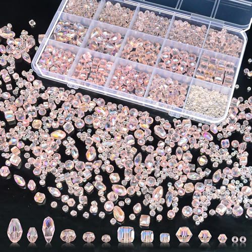 Laopottbeads 1500 Pcs Crystal Glass Beads for Jewelry Making 12 Styles Bicone Rondelle Cube Teardrop & 3mm Spacer Beads DIY Bracelet Necklace Earring Craft Kit with Organizer Box(Pink)
