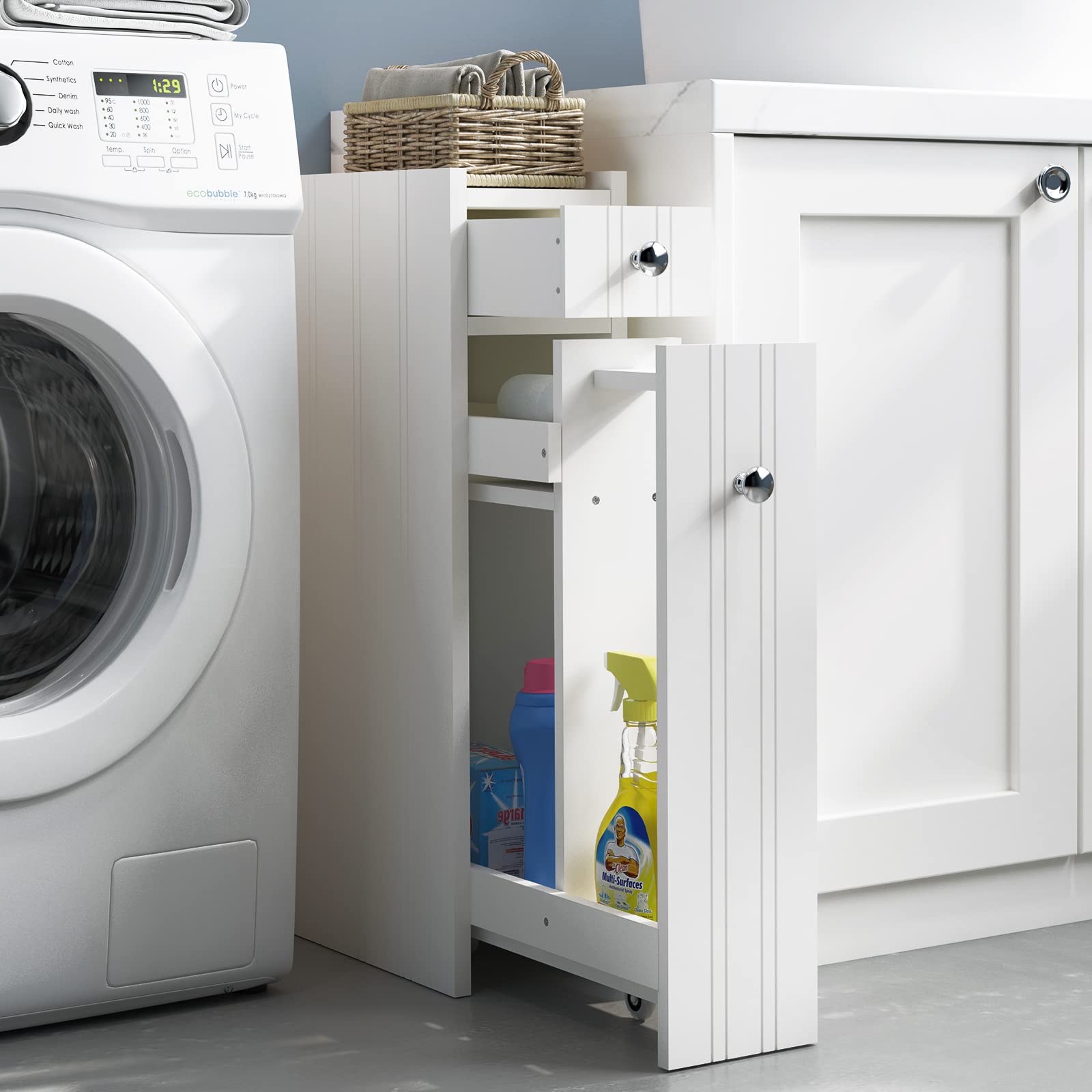Schmaler Badezimmer-Aufbewahrungsschrank, 2-stöckig, 14 cm breit, Bodenschrank mit Schubladen und Rollen für kleine Räume, Toilettenpapier-Aufbewahrungsschrank, Weiß