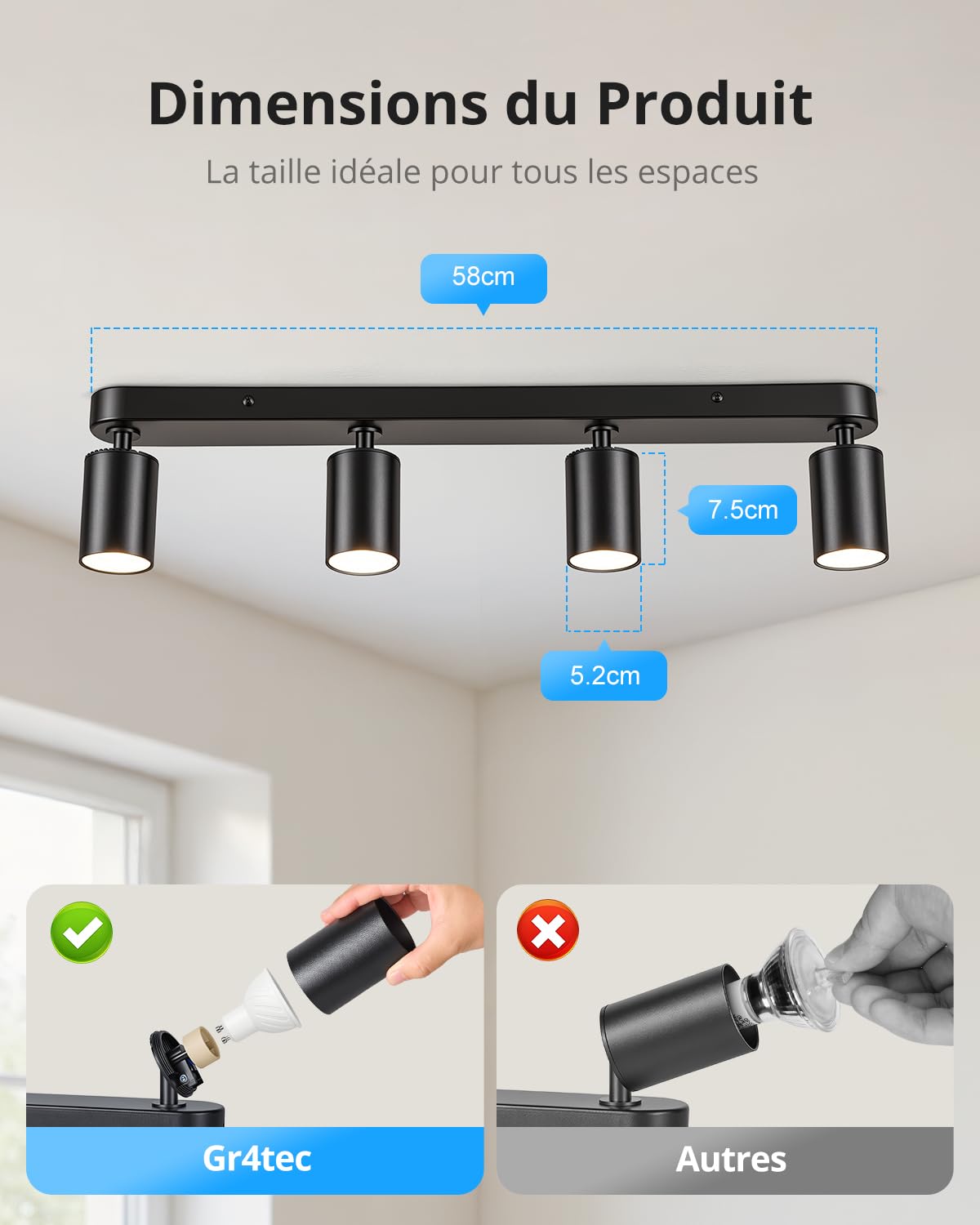 Gr4tec Plafonnier 4 Spots Orientable GU10, Moderne Rampe de spots Noir