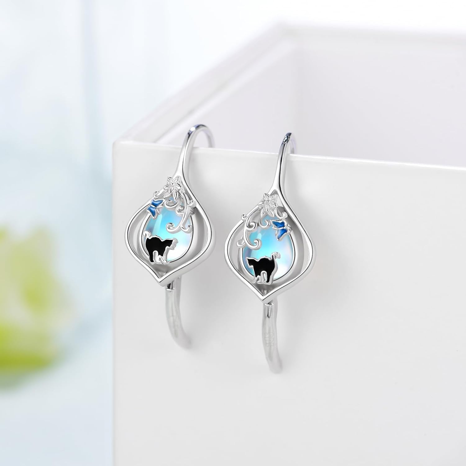 Black Cat Earrings for Women 925 Sterling Silver Moonstone Butterfly Leverback Earrings Black Cat Jewelry Gifts for Women - Image 2