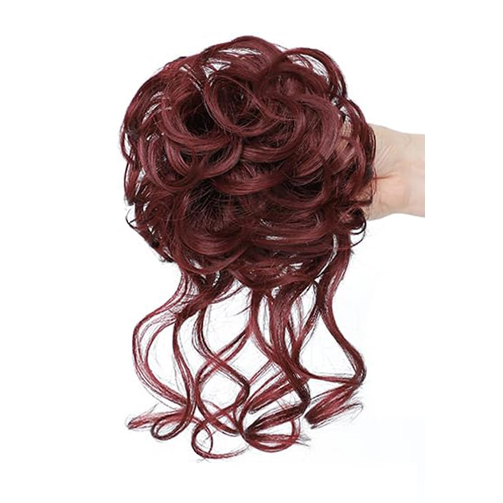 Duża treska w koku, czerwona gumka do włosów z włosami, do wysoko upiętych fryzur, kręcona treska Messy Bun, z gumką, syntetyczne włosy dla kobiet i dziewcząt (kolor czarny/burgundowy)