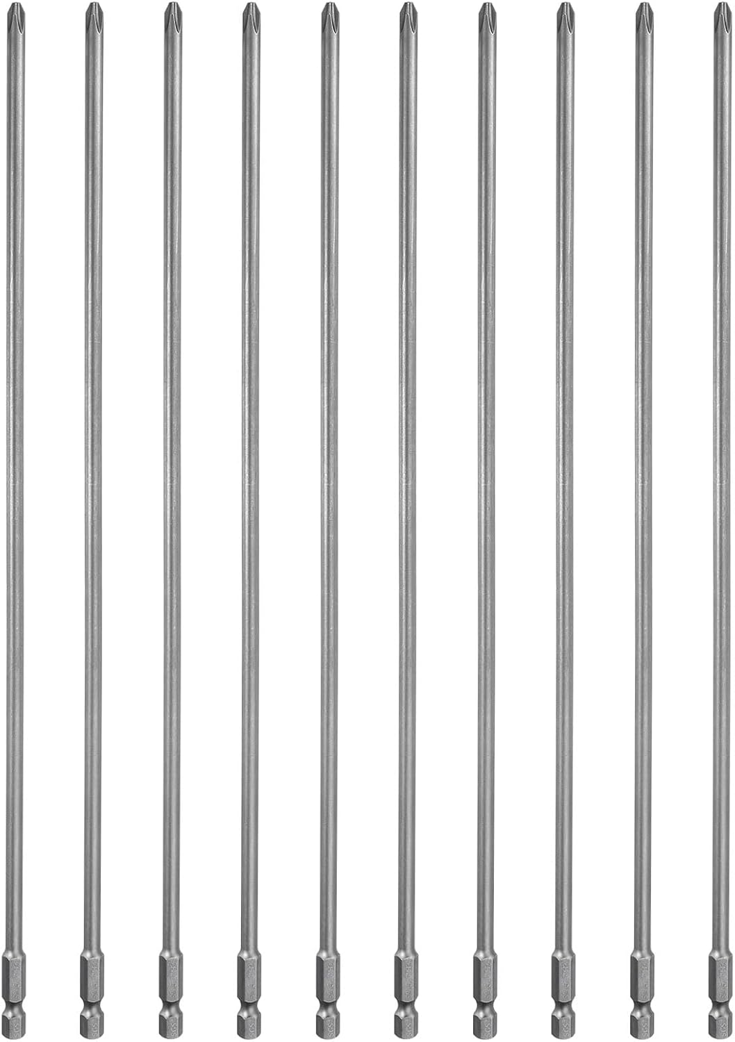 HARFINGTON 10pcs #2 Phillips Screwdriver Bit PH2 1/4" Hex Shank 12" (300mm) Long Magnetic S2 Steel Industrial Grade Screw Driver Bit Cross Head Electric Drill Bits 0.2" (5mm) Rod