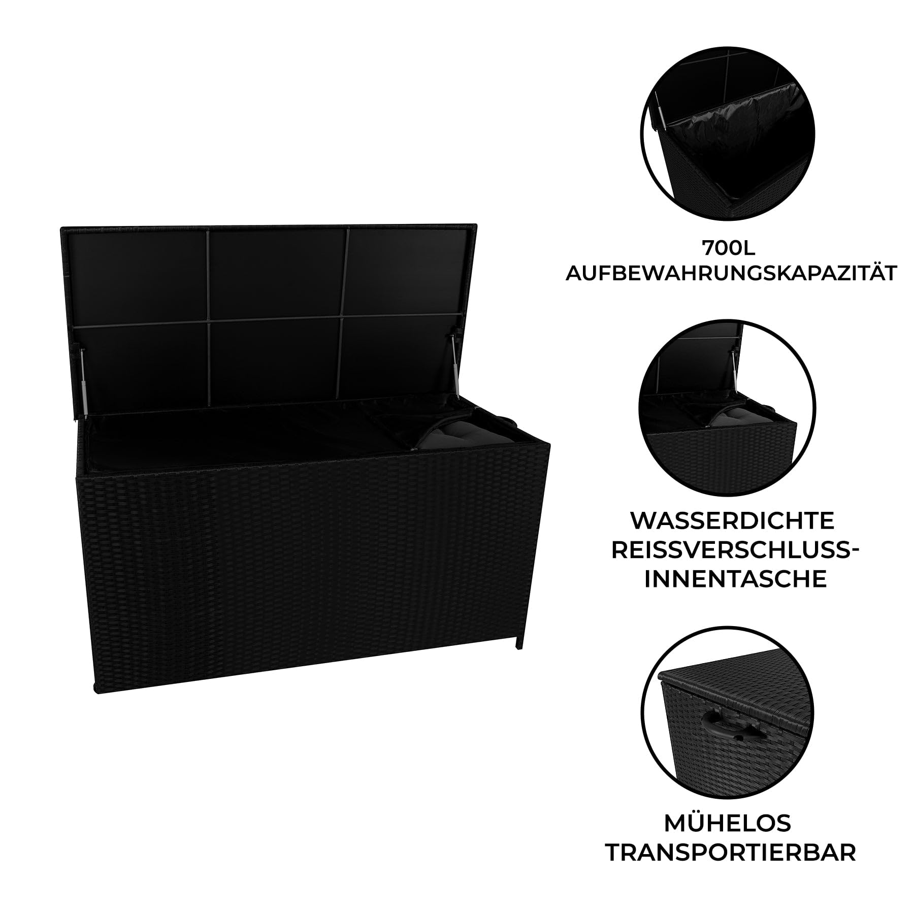 Coffre de Rangement Jardin Extérieur 700 L en Rotin Noir Résistant Aux Intempéries Doublure Zippée Rangement de Coussins Serviettes Jouets Meuble de Jardin Terrasse Cadre en Acier Verin en Gaz