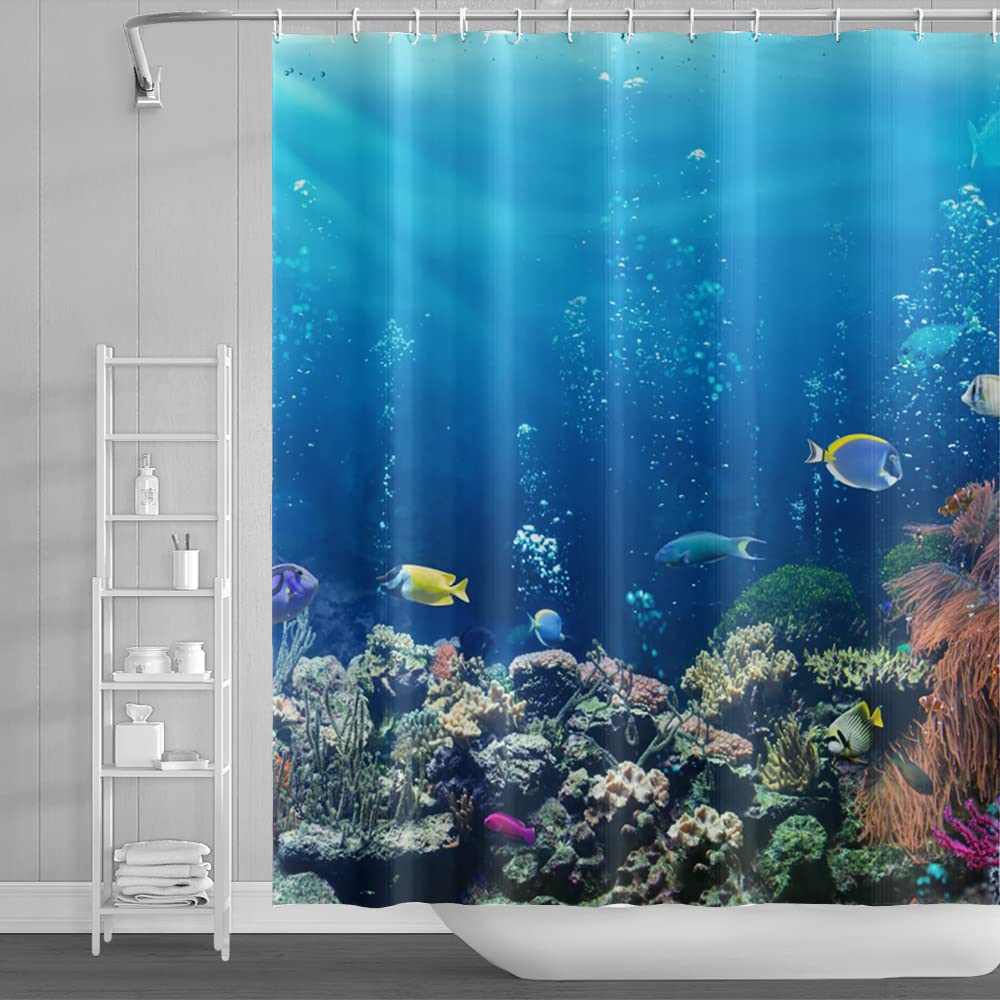 SDOTPMT 175x190cm Ocean Tropical Fish Shower Curtain Underwater Sea Animal Coral Reef Bath Curtain Summer Blue Ocean Bathtub Curtain for Kids Bathroom Fabric Polyester Waterproof with Hooks — image 1