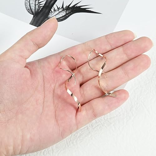 Miniatura 27 de Handmade Spiral Threader Earrings Sterling Silver Hypoallergenic Twisted Pull Through Drop Dangle Earrings for Women - Silver & Gold
