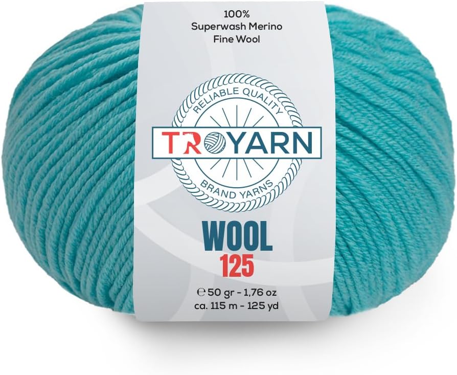 Troyarn Wool 125 (4- Skeins Pack) 100% Superwash Merino Fine Wool Light Worsted Weight #3 Soft Knitting and Crochet Yarn for Crocheting and Knitting (4 x 1.76 oz)/(4 x 125 Yds) (10929-Light Blue)