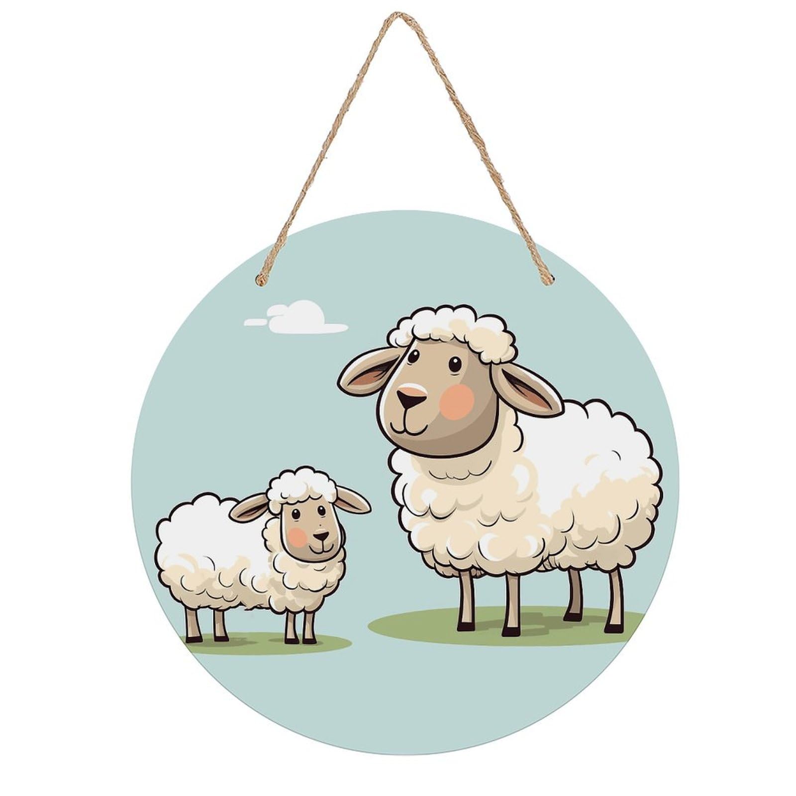 Adfgyerh Style Sheep And Lamb Cartoon Room Decor，Round Wooden Board Painting，Wall Art，Easy To Hang，Wall Decor ，Suitable For Homes, Offices, Holidays, Bars, Cafes, And Other Venues.