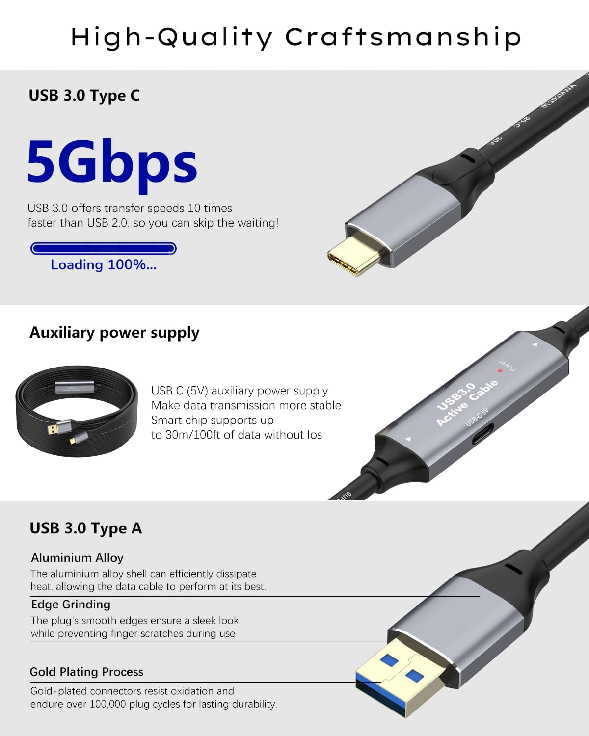 Câble d'extension USB 3.0 25 m, USB-A vers USB-C/Type C, 5 Gbps, 4 puces d'amplification de signal, alimentation USB pour MacBook, PC portables, appareils photo, imprimantes, scanners, appareils VR