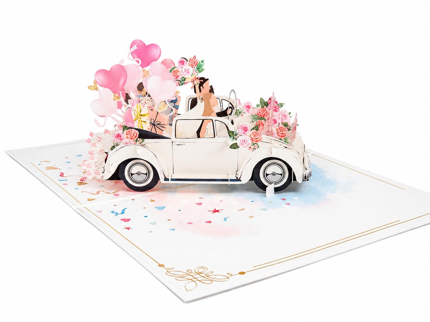 Biglietto di auguri pop-up 3D per matrimonio – Auto con sposi e palloncini – 13 x 18 cm con busta