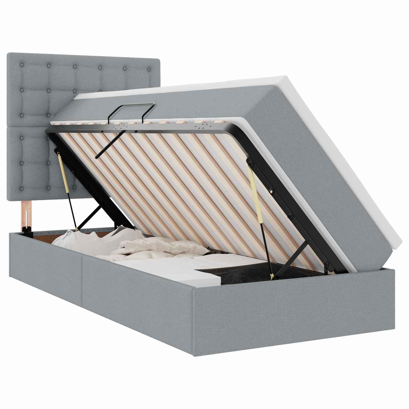 Moderno letto portaoggetti con materasso da 100 x 200 cm, illuminazione a LED grigio chiaro, telaio in metallo e rivestimento in poliestere, include materasso medio rigido e sistema di