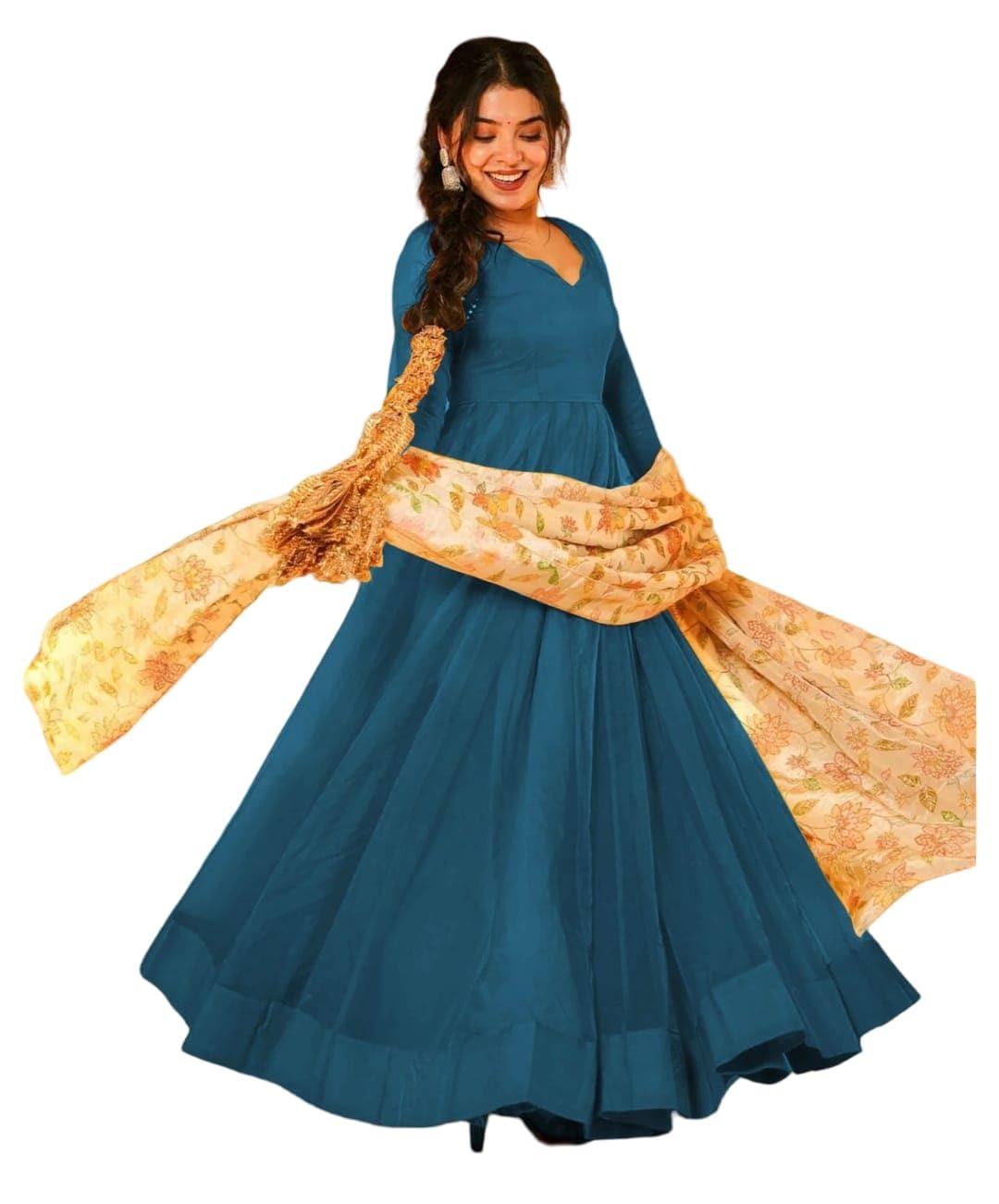 Women's Anarkali Gown with Floral Digital Print Dupatta, Pink & Teal, Teby Silk, V-Neck, Ethnic Wear (in, Alpha, M, Blue)