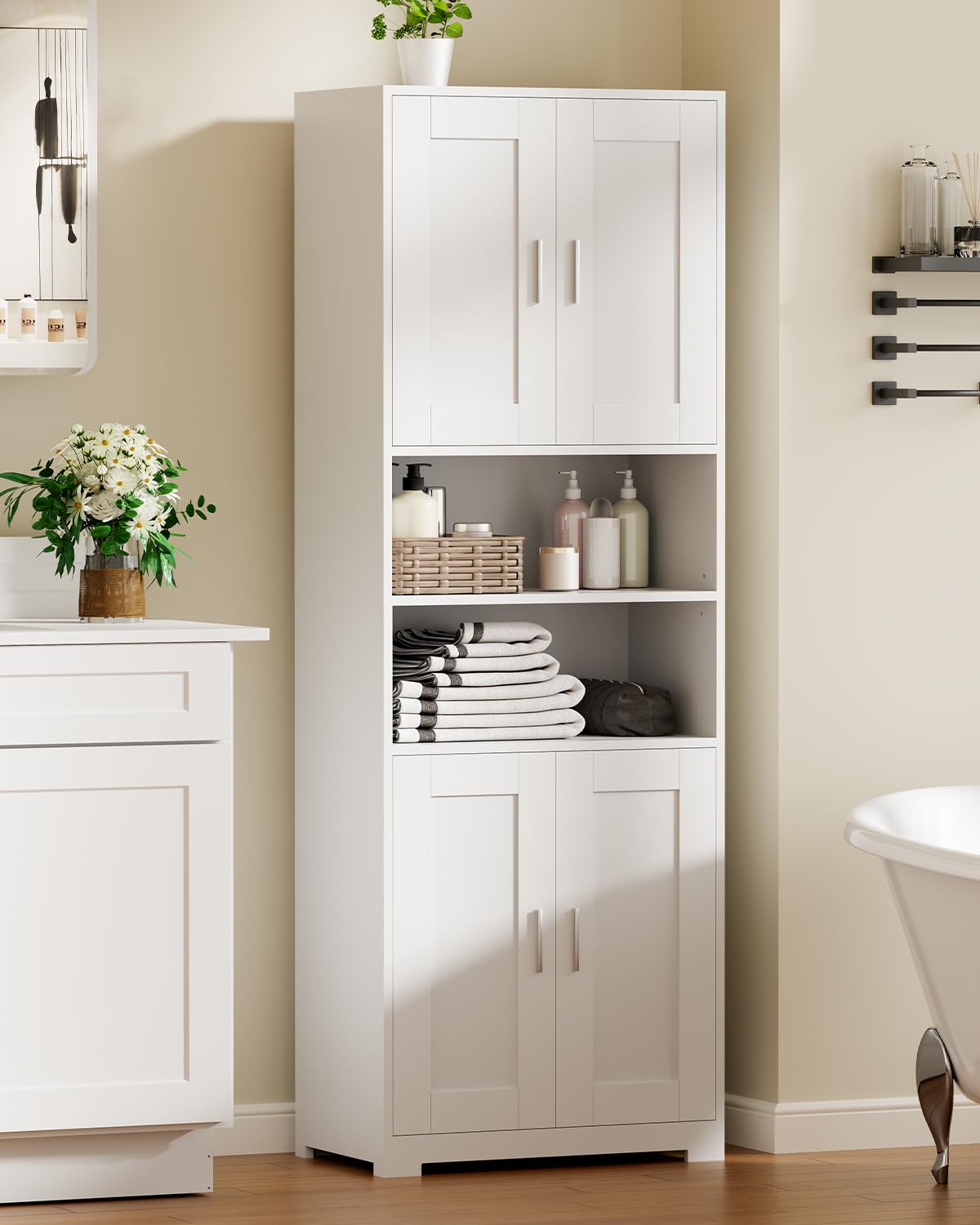 BEWISHOME Armoire de Salle de Bain, Meuble Salle de Bain Rangement, Meuble Colonne de Salle de Bain avec Étagères Réglables, pour Salon Cuisine 60x30x170cm Blanc EYYG09W