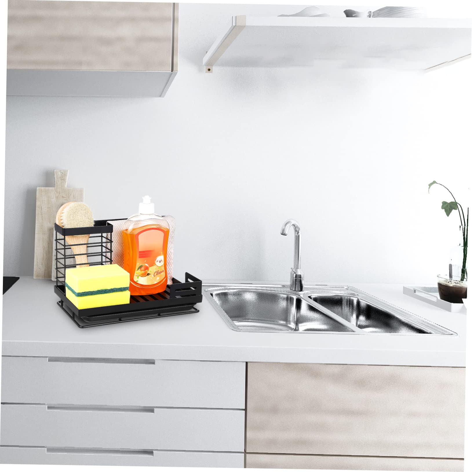 ULTECHNOVO Porta Spugne Cucina Design a Strati Anteriore e Posteriore in Acciaio al Carbonio 2 Pezzi Nero e Vassoio per Scolatura per Ambienti Casa e Banconi