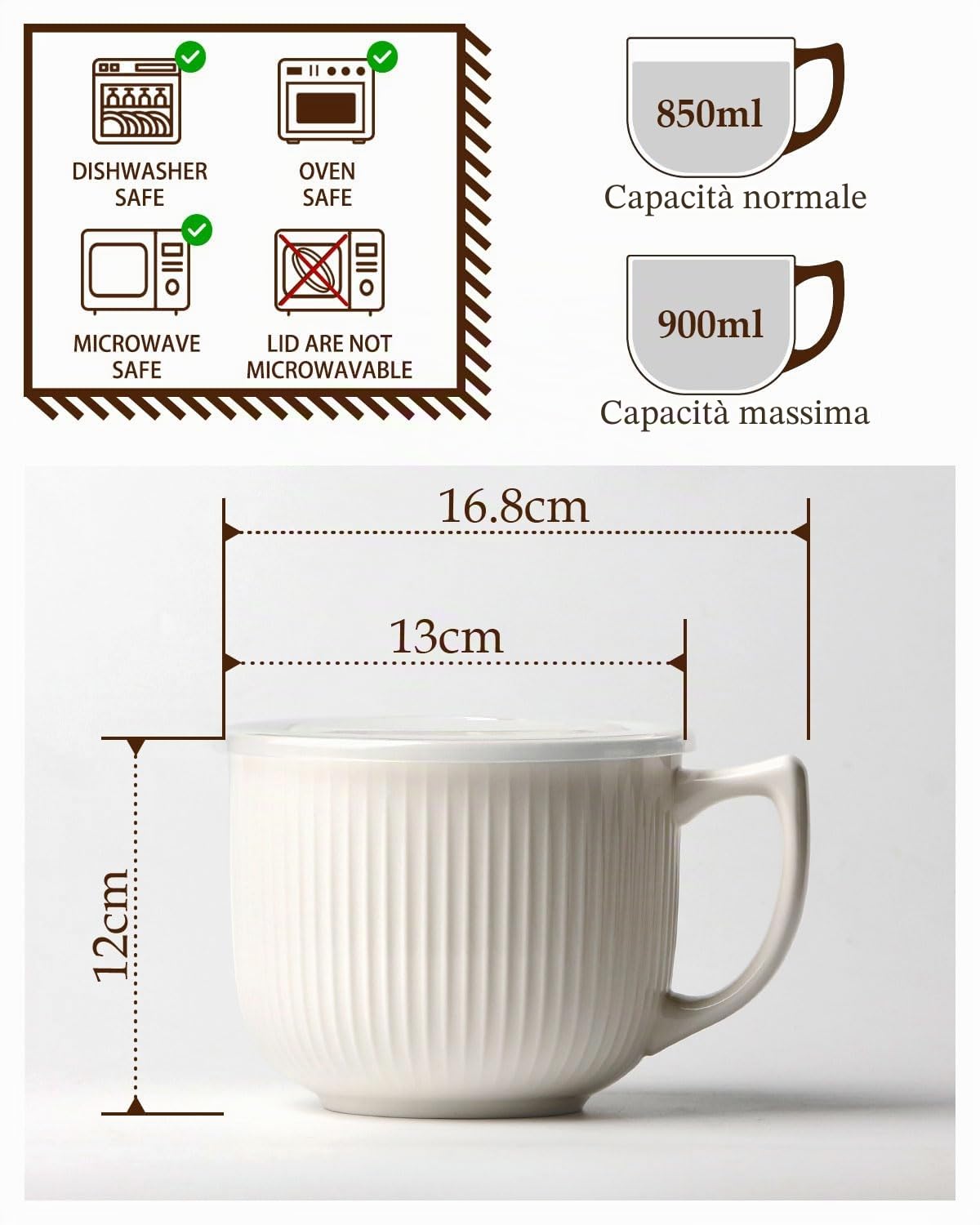 NUTRIUPS 900ml tazza per microonde con coperchio, ciotola per noodles istantanei,ciotole per brodo zuppe con manico, tazza per cereali colazione, ciotola ceramica con coperchio