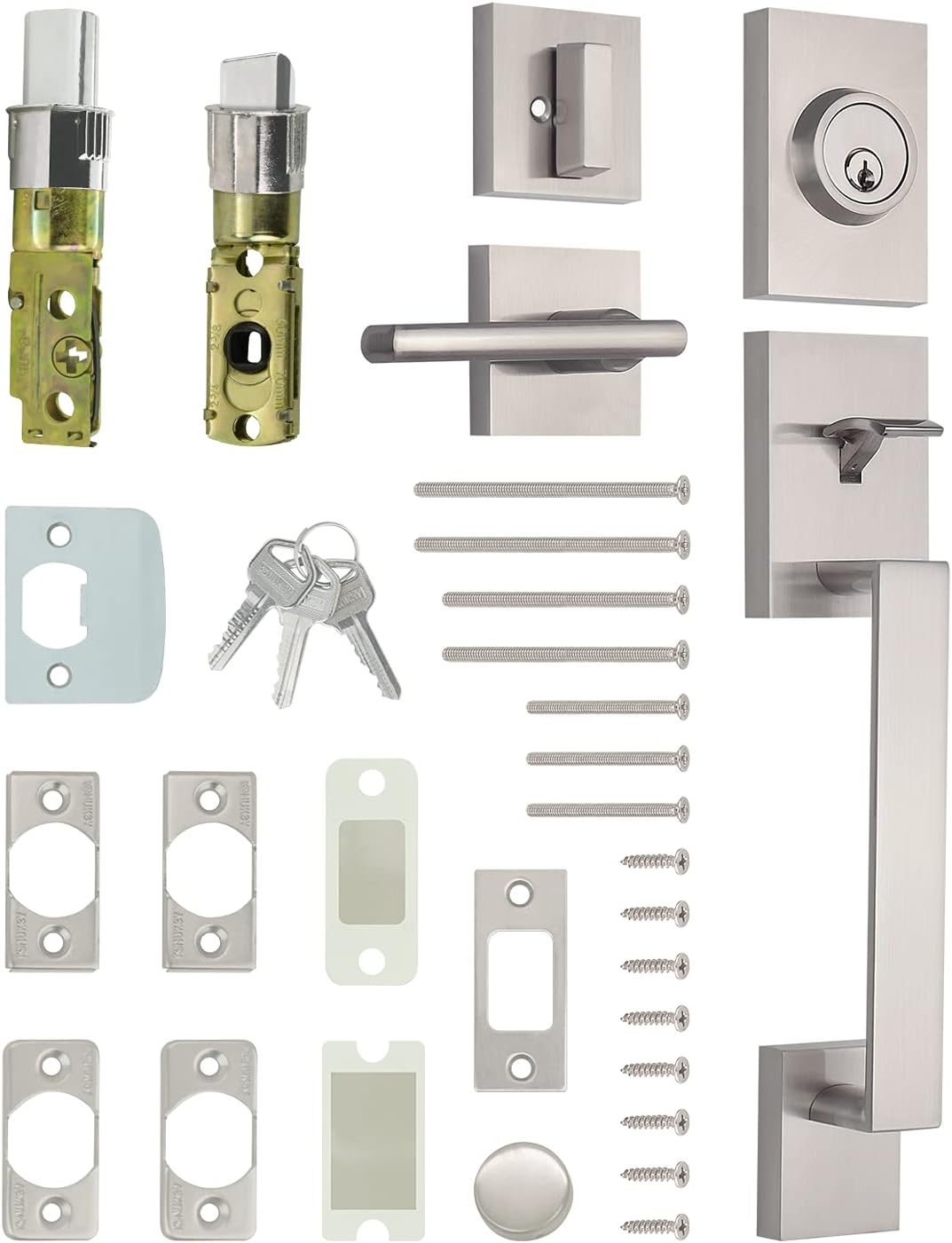 Nuk3y Haven Modern Handleset Front Door Entry Handle and Deadbolt with Reversible Inside Lever Trim (Square Hulk Lever Trim, Satin Nickel)