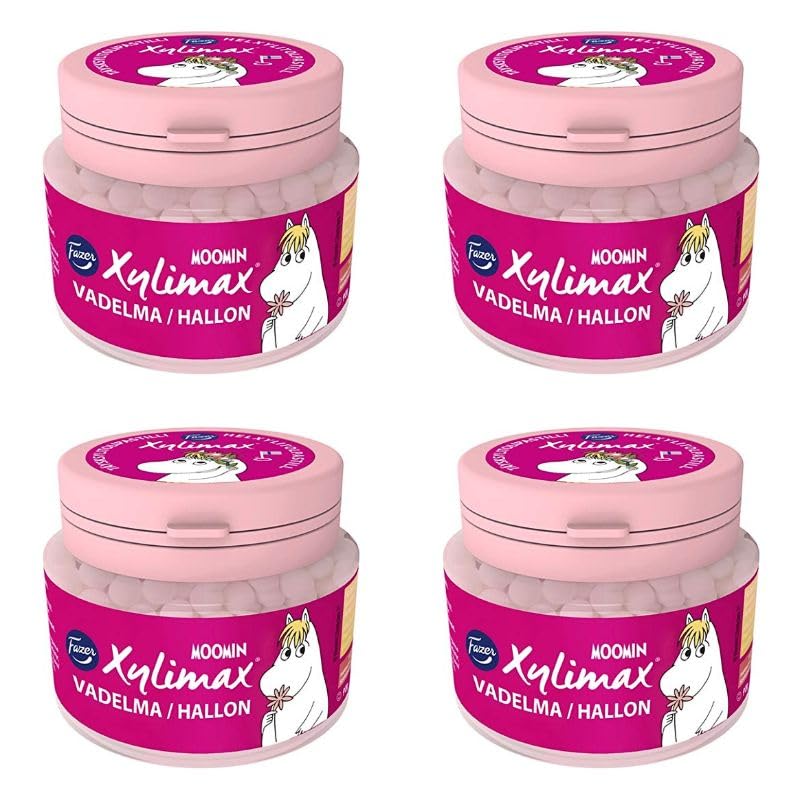 Fazer Moomin Xylimax Raspberry Flavor Pastilles 4 Jars of 90g