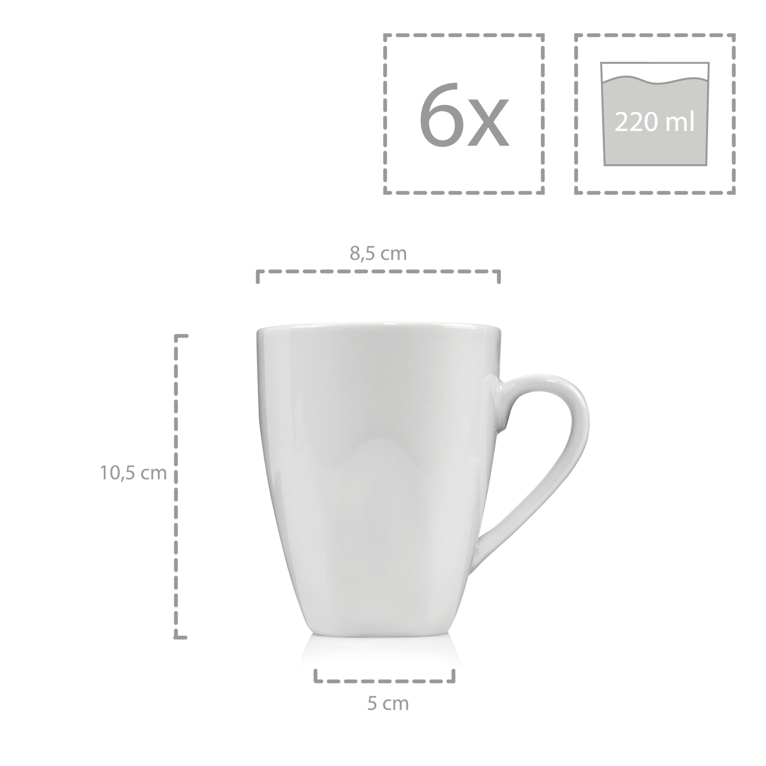 SÄNGER | Kaffeebecher Set Avalon 6 tlg, Porzellan Kaffeetassen für 6 Personen, Kaffee Geschirr in Weiß, Tassen Set für Tee Kaffee & Kakao, Zeitlose Becher aus Porzellan 220 ml | PREMIUM COLLECTION