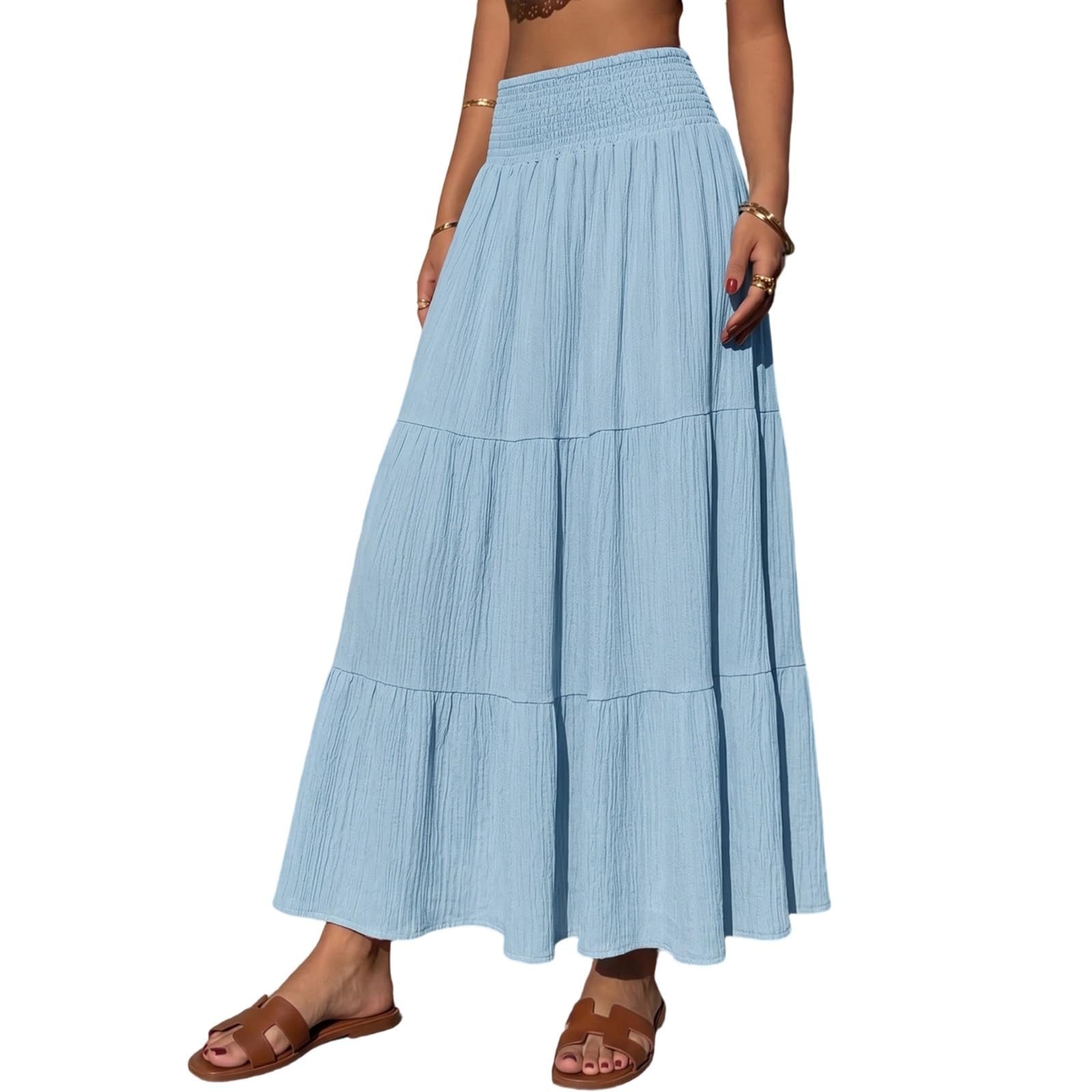 Gonna Lunga Maxi da Donna,Gonna A Trapezio Elastico in Vita Alta | Gonna A Balze Plissettata A Strati, Abbigliamento Casual Festival, Spiaggia E Vacanze