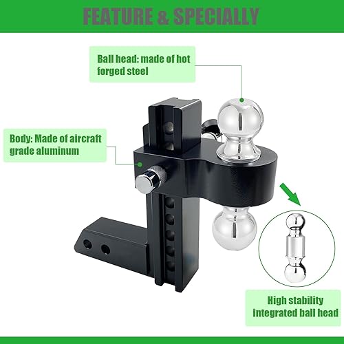 Miniatura 3 de Enganche de remolque ajustable, dos bolas (2 pulgadas, 2-516 pulgadas), se adapta solo al receptor de 2 pulgadas, enganche de caída de 8 pulgadas,