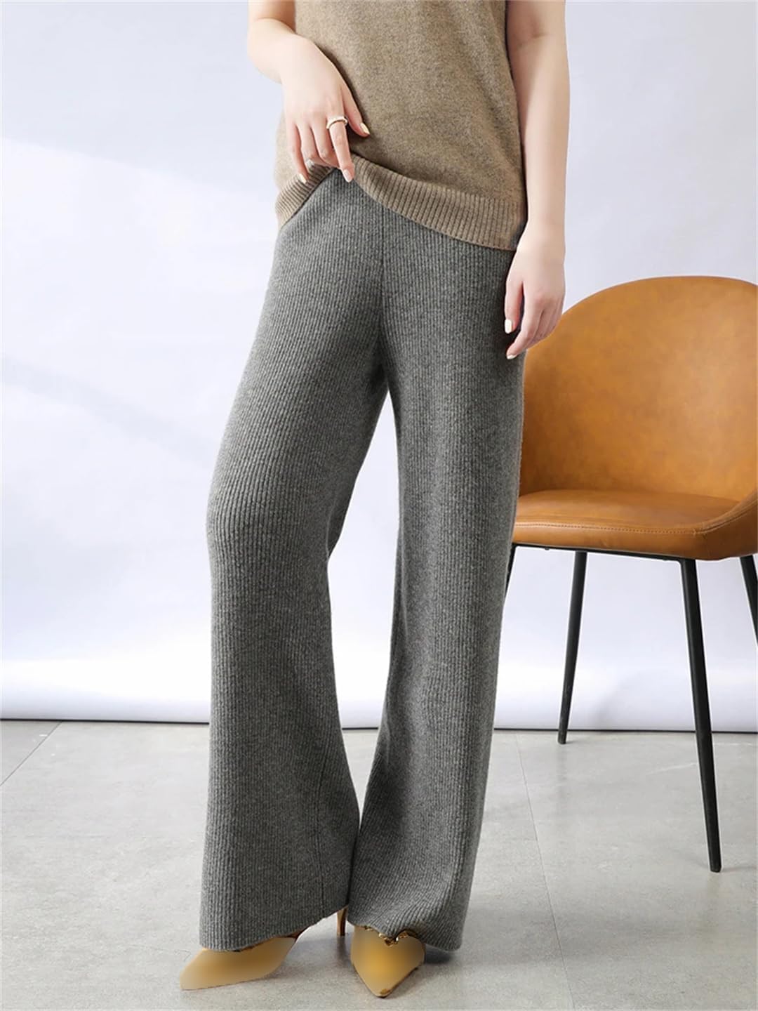 Mkjuuior Women's Loose Waist Trousers Wool Pants with Pockets Women's Winter Warm Knitted Leggings