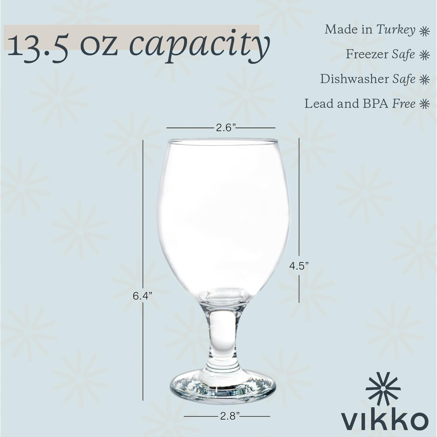 Vikko Beer Glass, Set of 6 Belgian Style Beer Glasses, Large Size 13.5 Ounce, Dishwasher Safe Durable Drinking Glass for Craft Brews, Beer or Water
