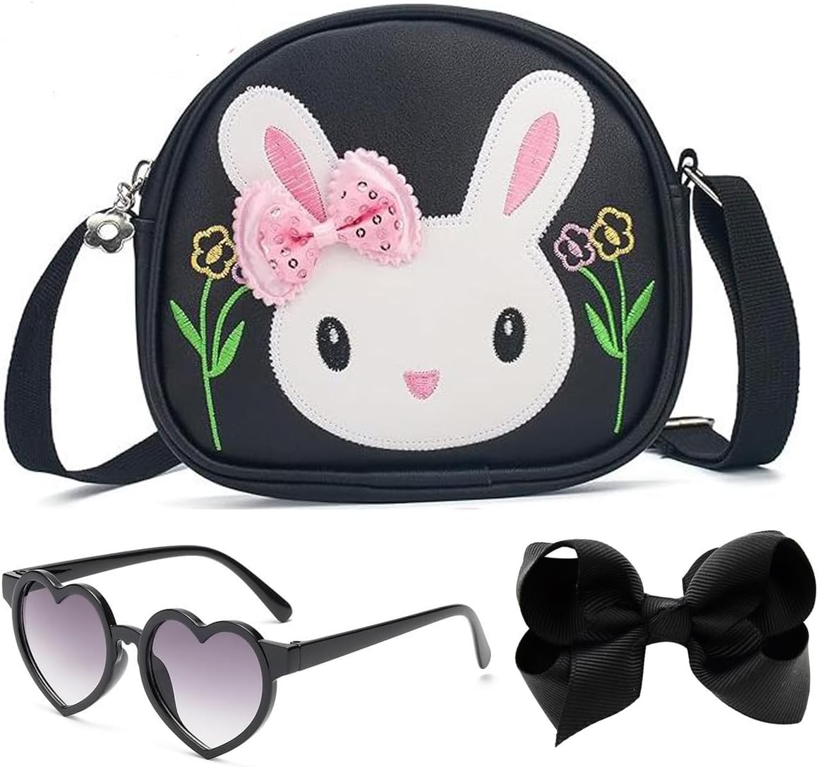 kkdom Toddler Cute Bunny Purse,Little Girls Bunny Crossbody Purse Set with Heart Sunglasses and Hair Bow for Birthday Gift,Purple
