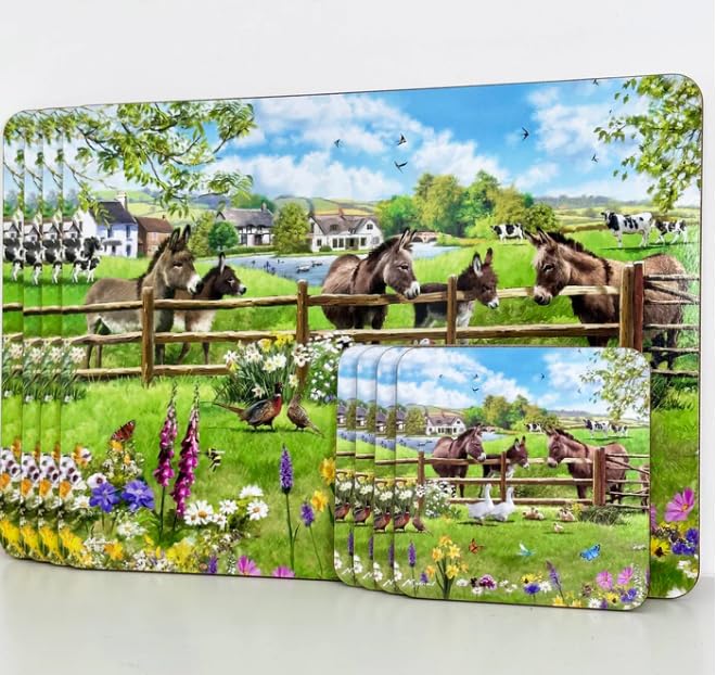 Sets of 4 Placemats with 4 Matching Coasters (Donkey Farm Placemat and Coaster Set), Placemats -29cm x 22cm ; Coasters-10.5cm x 10.5cm