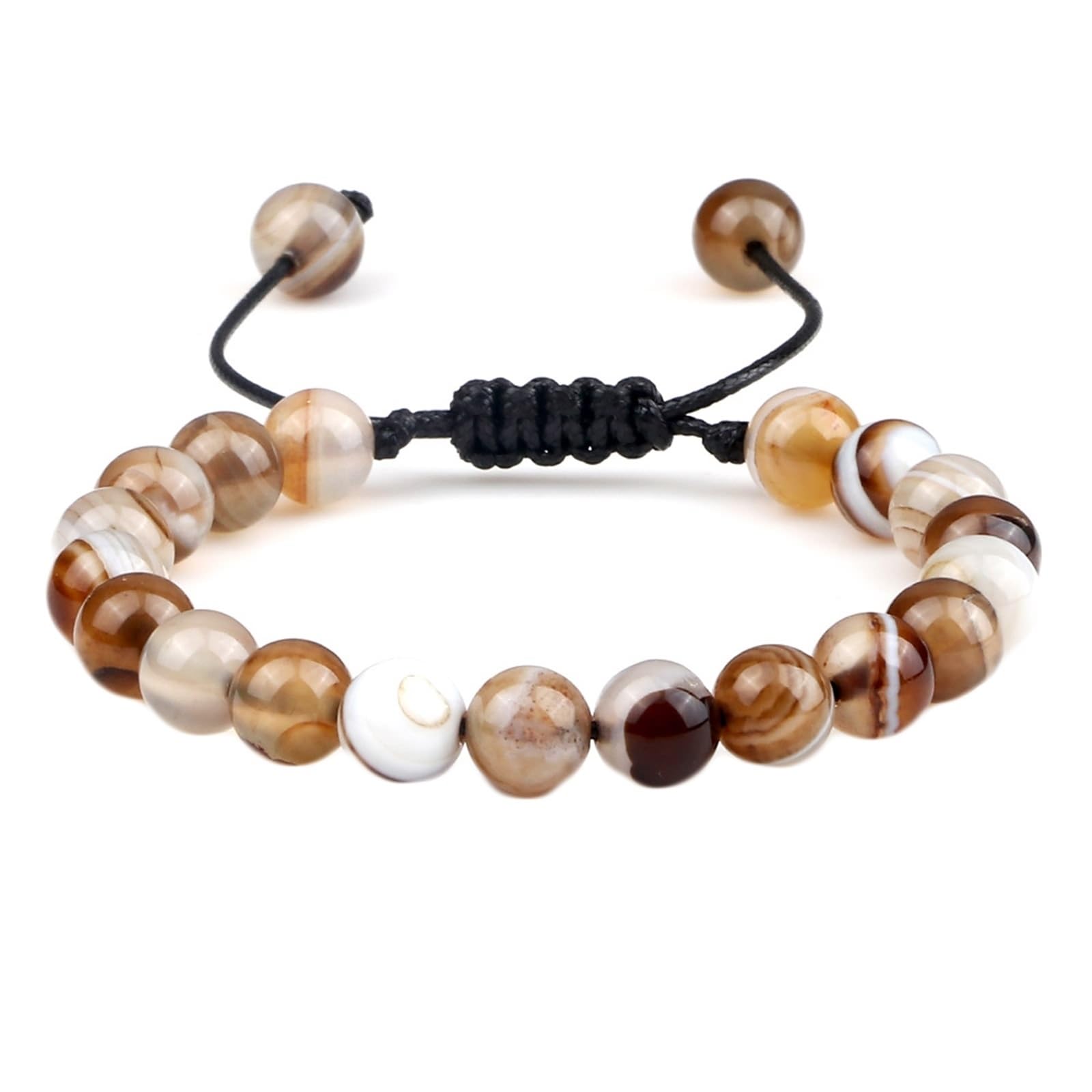 Armbänder Herren, Perlen-Kristall-Perlenarmband, Achat, Weiß, Beige, rund, geflochten, elastisch, Natursteine, 17 cm x 7 mm, 1 Stück für Geburtstag