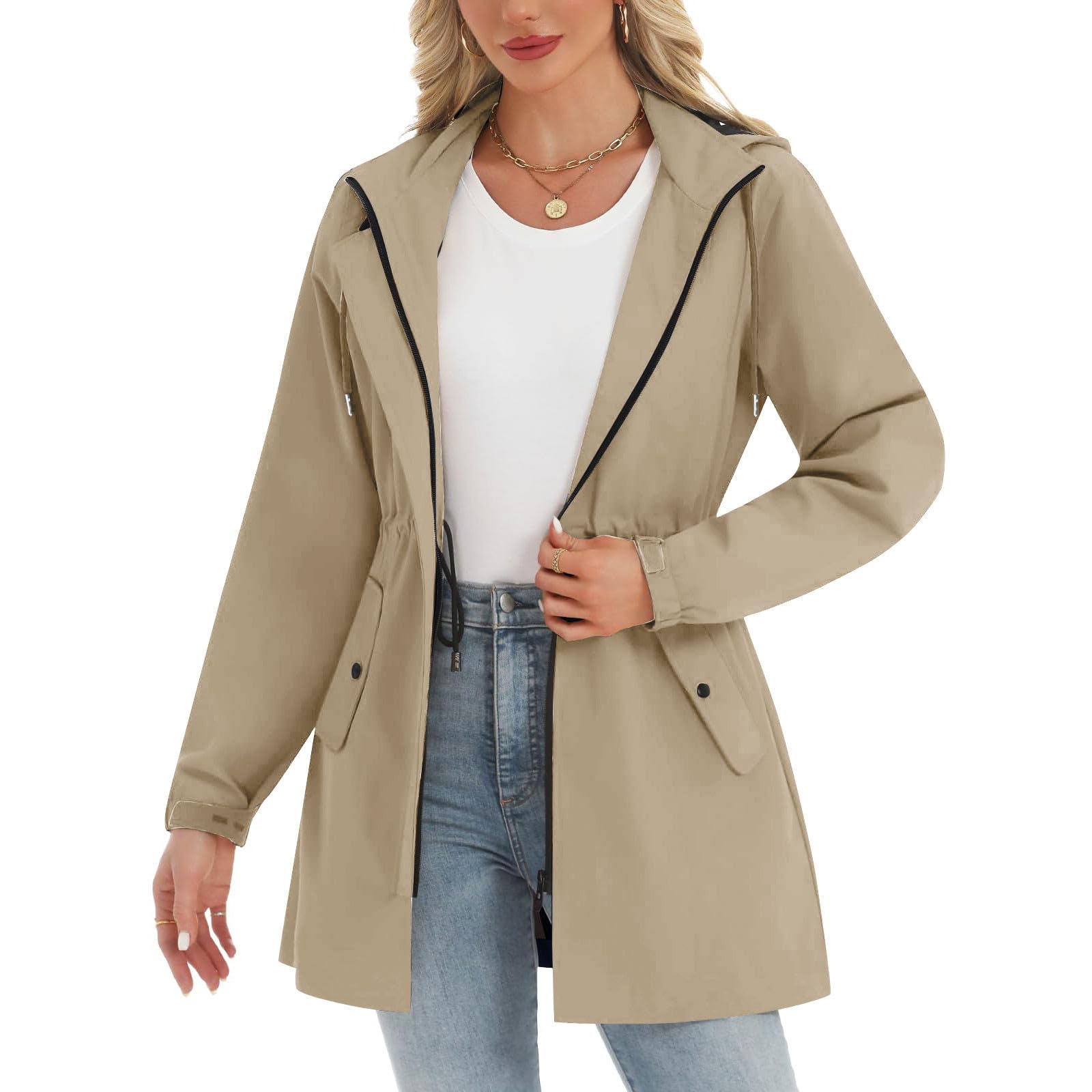 UHouse Regenjacke Damen Wasserdicht Atmungsaktiv Windjacke mit Kapuze Outdoor Windbreaker 3 In 1 Jacke Stehkragen Wanderjacke Leichte Fahrradjacke Freizeit Übergangsjacke Regenmantel