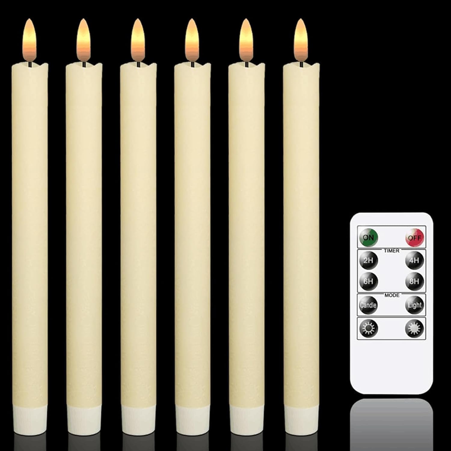 Flameless Taper Candles with Timer, 6 Pack Ivory Battery Operated LED Flickering 3D Flame Real Wax Candle, Christmas Thanksgiving Fireplace Home Decorations(0.78x9.6Inch)