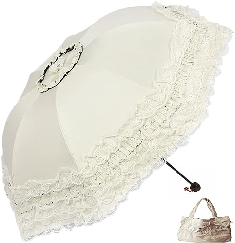 URAWESO Vintage Lace Parasol Gothic Lolita Umbrella UV Sun Protection Witch Cosplay Photoshoot Props Party Decoration - Beige