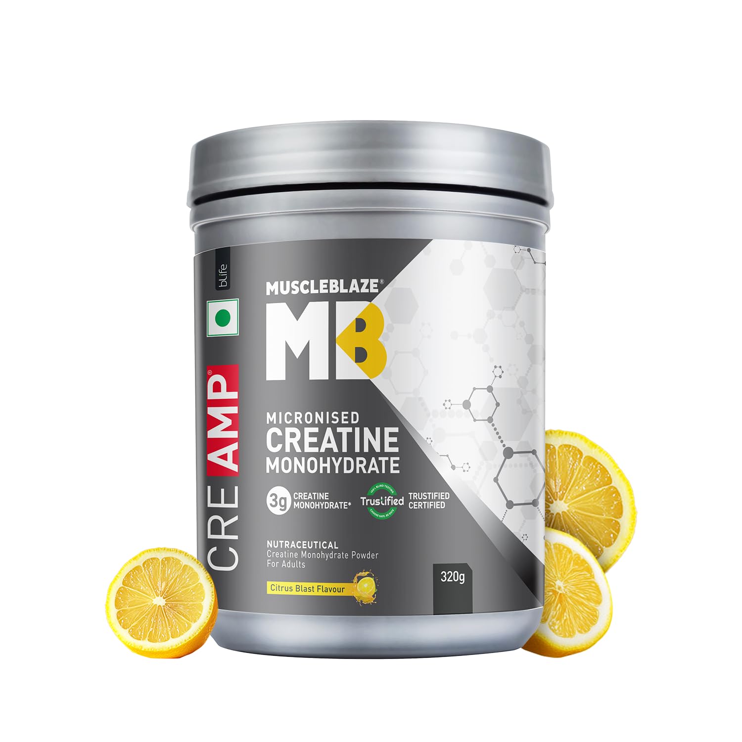 MuscleBlaze Creatine Monohydrate CreAMP™ with CreAbsorb™, Trustified Certified (250 g, Citrus Blast, 62 Servings)