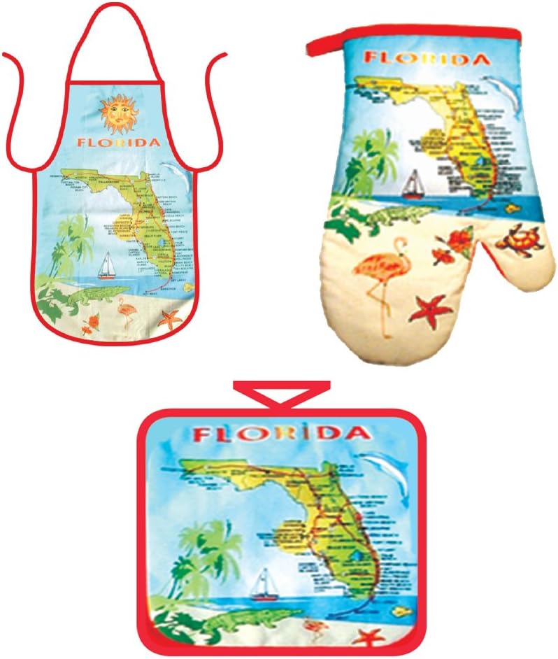 Kitchen Cooking Set - Florida State Map Souvenir Gift Set - Apron, Oven Mitt & Pot Holder - Great Novelty 3 Piece Combo Set
