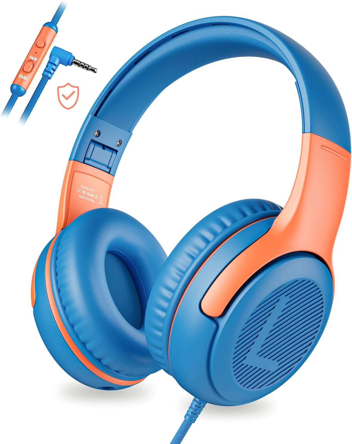 – awatrue Kids Headphones Wired with Mic, Toddler Headphones with 85/94dB Volume Limit, Sharing Funtion,HD Sound,3.5mm Jack,Foldable Over Ear Childrens headphone for Boys/Phone/Tablet/School-OrangeBlue