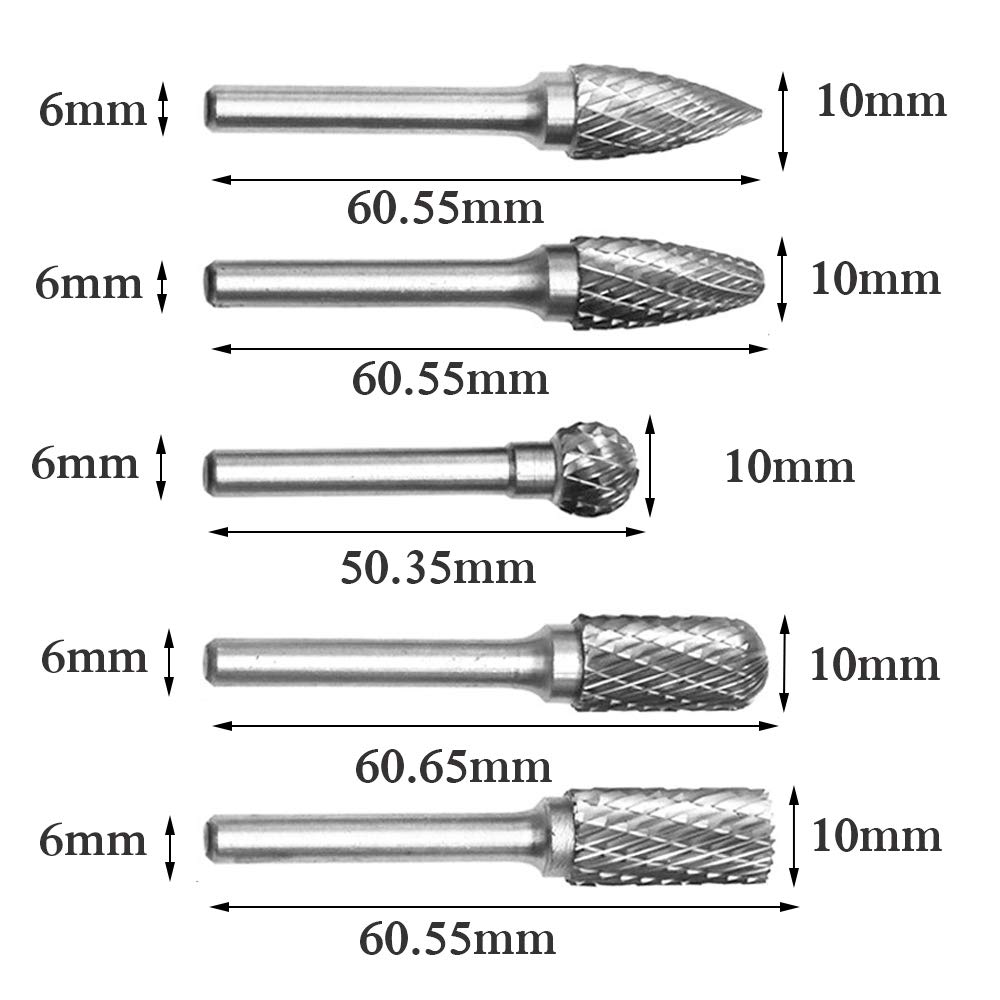 5PCS 6×10mm Fraises Double Coupe Rotatives Carbure de Tungstène Die Grinder Bit 6.35mm Tige Cylindrique de Gravure Rotatif Burres Pour Travail du Bois, Métal Polissage, Gravure, Perçage